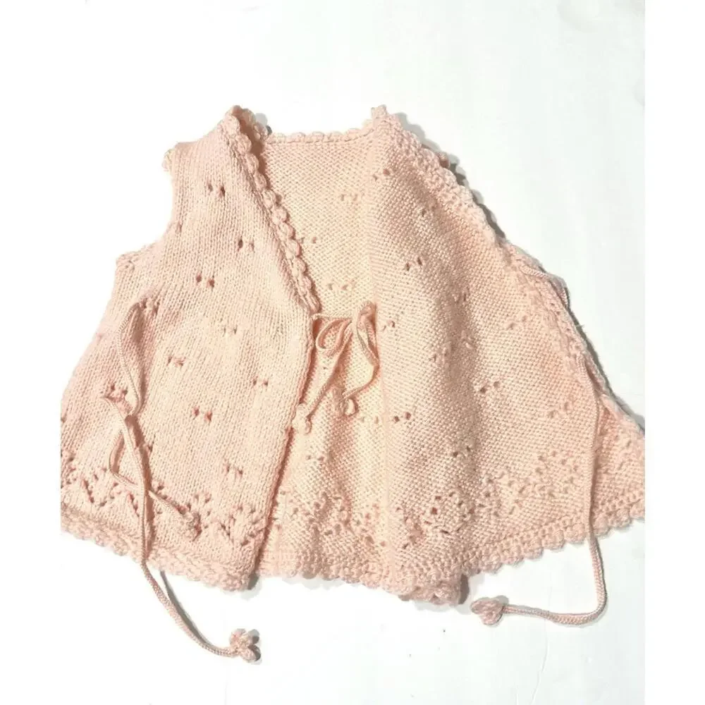 Toddler Girl Knitted Vest Pink String Closure String Eyelets Openwork Lace